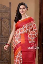 Carrot Orange & Red Hand Block Print Pure Tussar Silk Sari - Craftyle