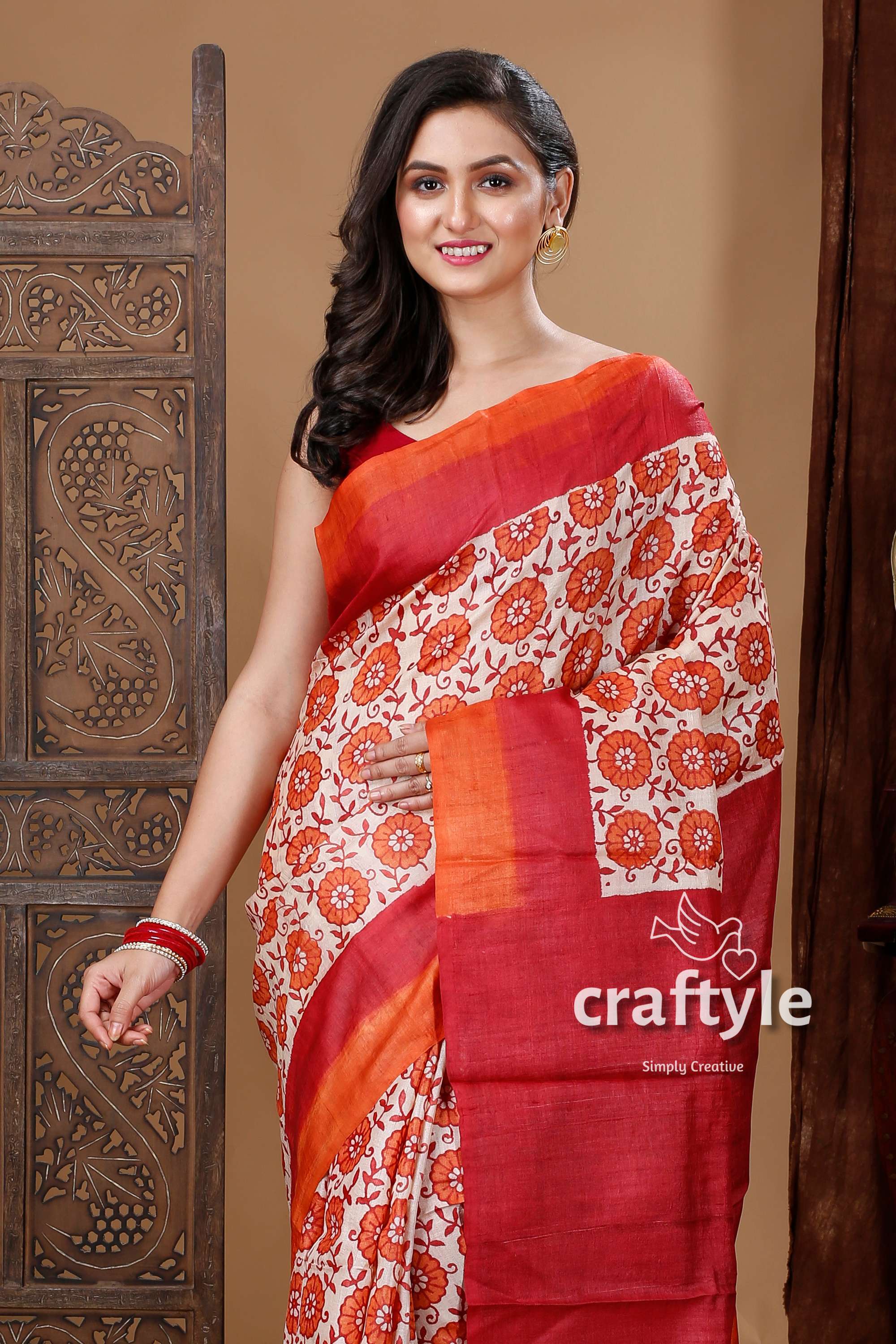 Carrot Orange &amp; Red Hand Block Print Pure Tussar Silk Sari - Craftyle