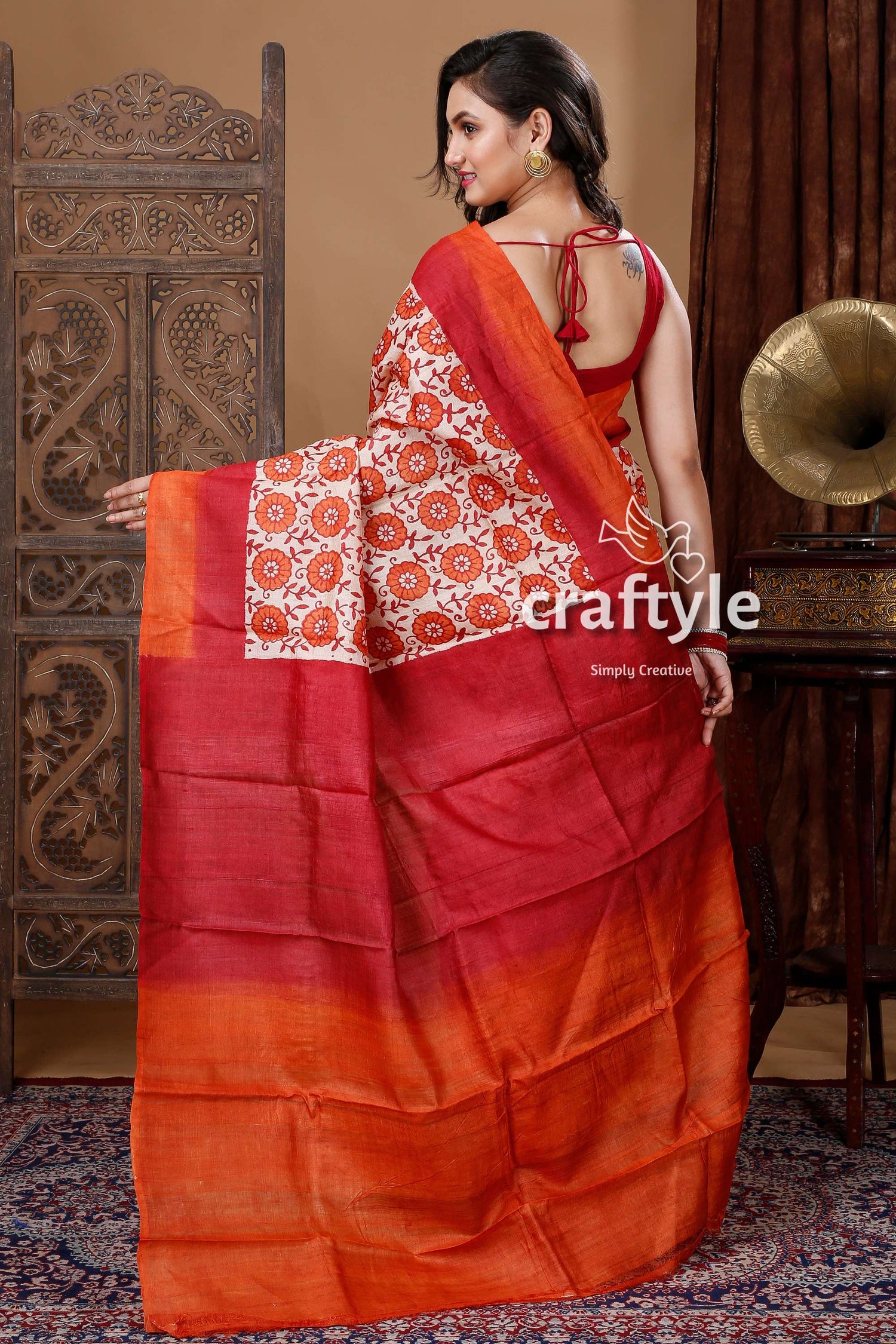 Carrot Orange &amp; Red Hand Block Print Pure Tussar Silk Sari - Craftyle