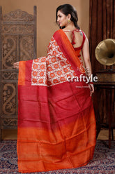 Carrot Orange & Red Hand Block Print Pure Tussar Silk Sari - Craftyle