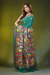 Casal green kantha embroidery silk saree with floral mandala design 3