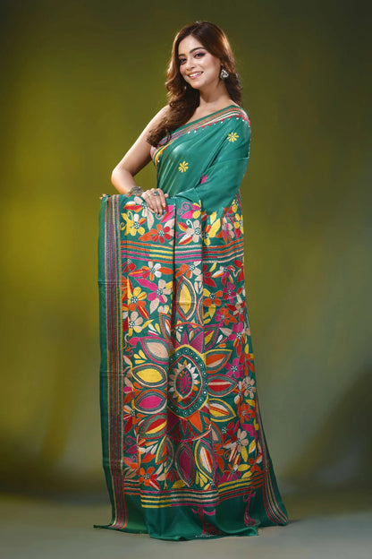 Casal green kantha embroidery silk saree with floral mandala design 3