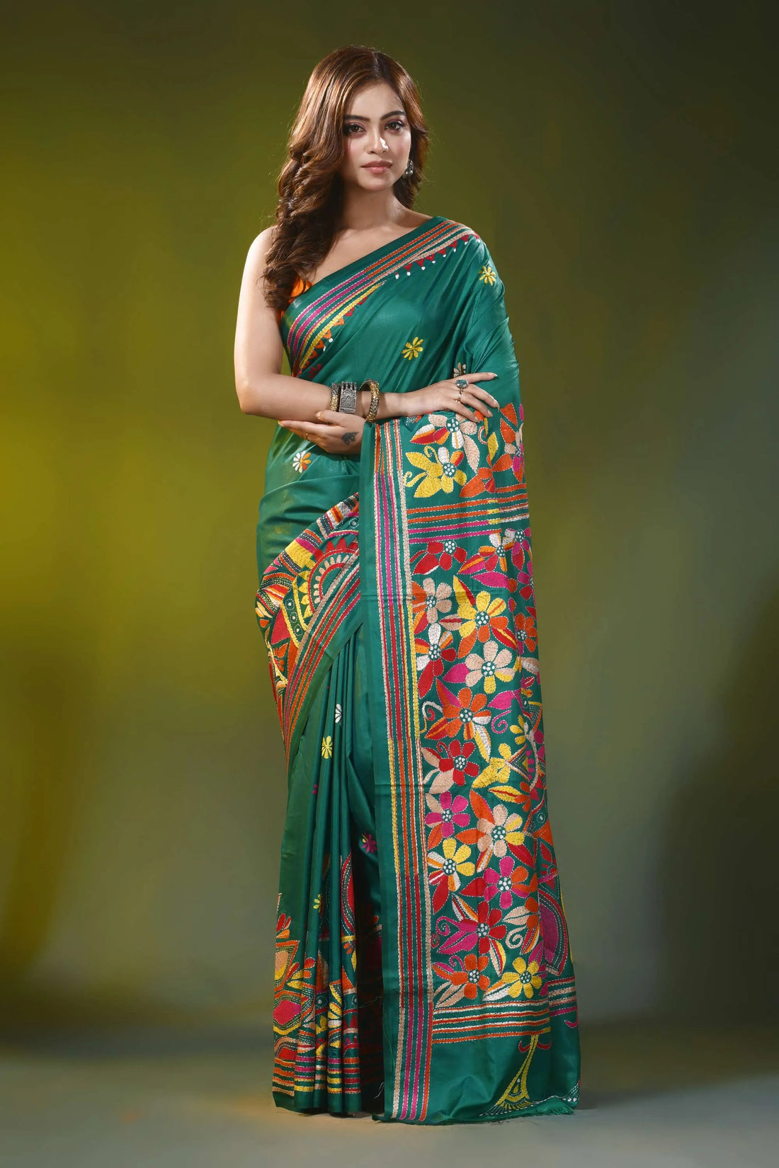 Casal green kantha embroidery silk saree with floral mandala design 1