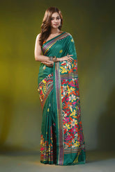 Casal green kantha embroidery silk saree with floral mandala design 1