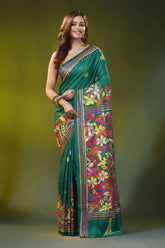 Casal green kantha embroidery silk saree with floral mandala design 6