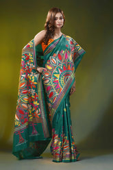 Casal green kantha embroidery silk saree with floral mandala design 5