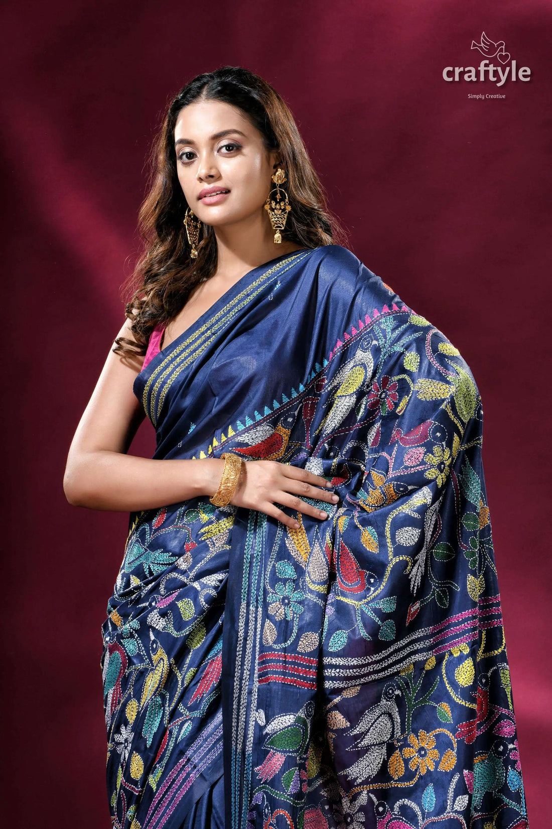 Catalina blue bird pattern silk kantha work saree blue silk saree colorful floral 2