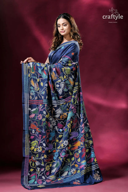 Catalina blue bird pattern silk kantha work saree floral embroidered blue saree 4