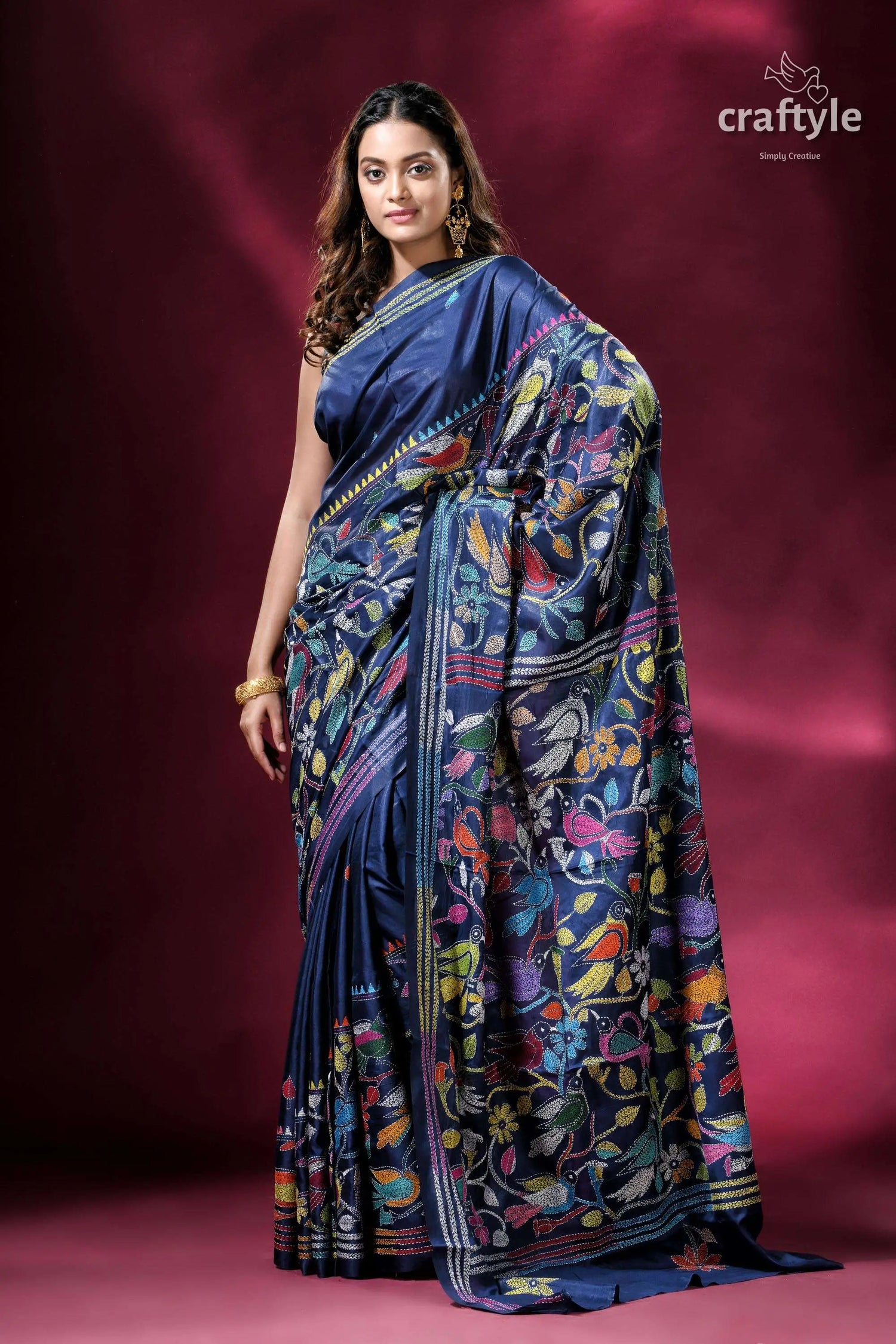 Catalina blue bird pattern silk kantha work saree woman blue floral saree 5