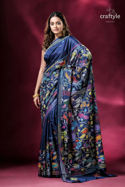 Catalina blue bird pattern silk kantha work saree woman blue floral saree 5