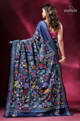 Catalina blue bird pattern silk kantha work saree blue floral embroidered saree 6