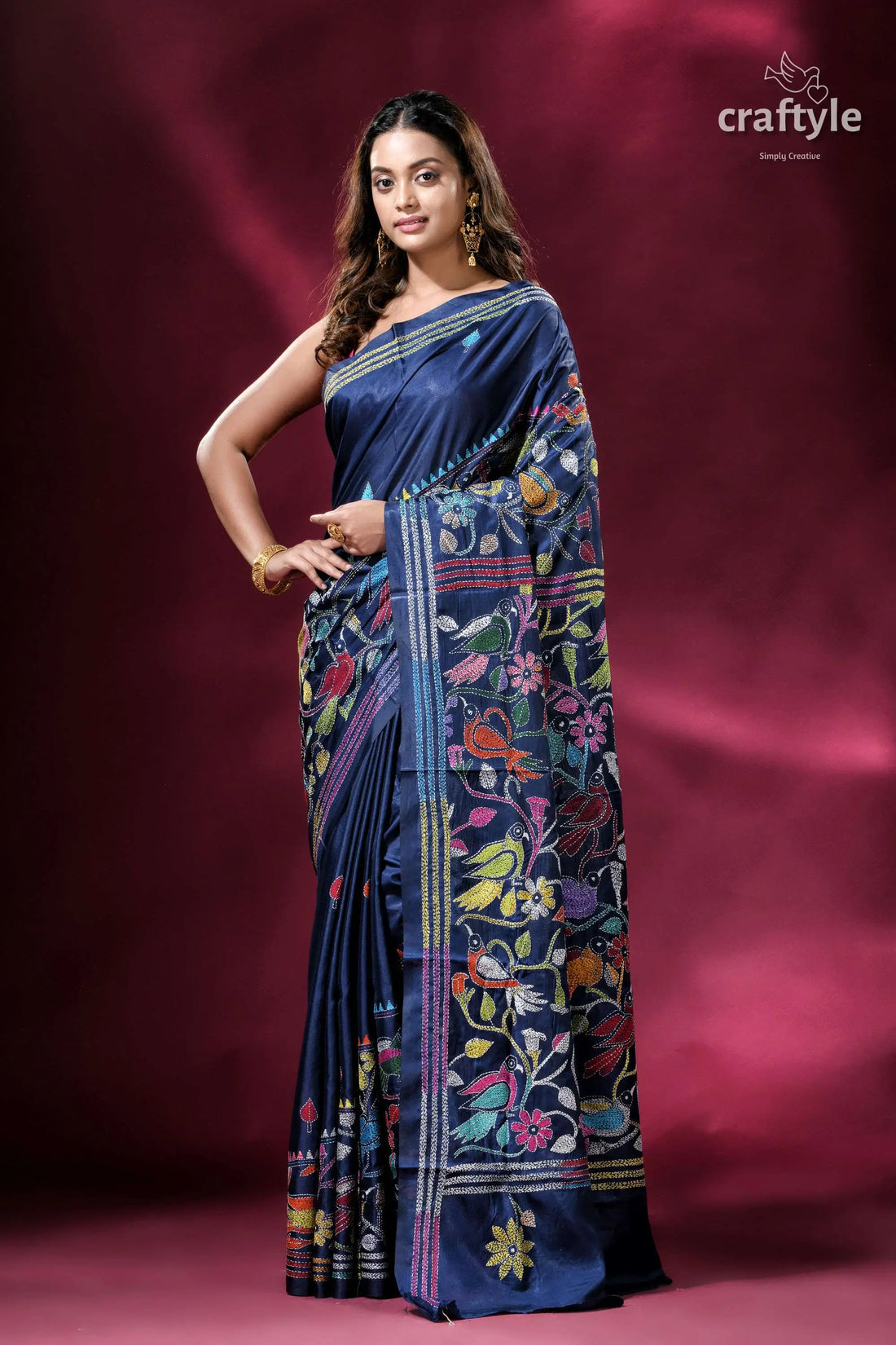Catalina blue bird pattern silk kantha work saree elegant navy blue saree floral 1