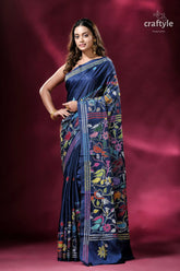 Catalina blue bird pattern silk kantha work saree elegant navy blue saree floral 1