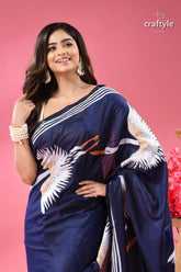 Catalina blue heron motif silk kantha stitch saree woman navy blue saree white 2