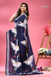 Catalina blue heron motif silk kantha stitch saree navy blue saree white crane 3