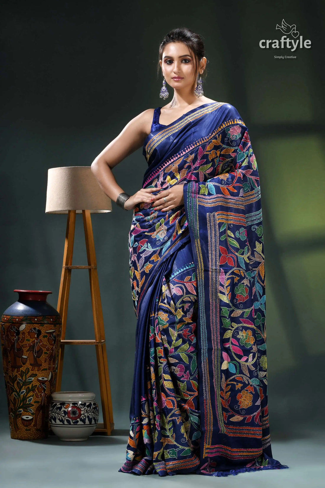 Cataline blue exquisite silk kantha stitch saree - rose motif blue black saree floral design 1