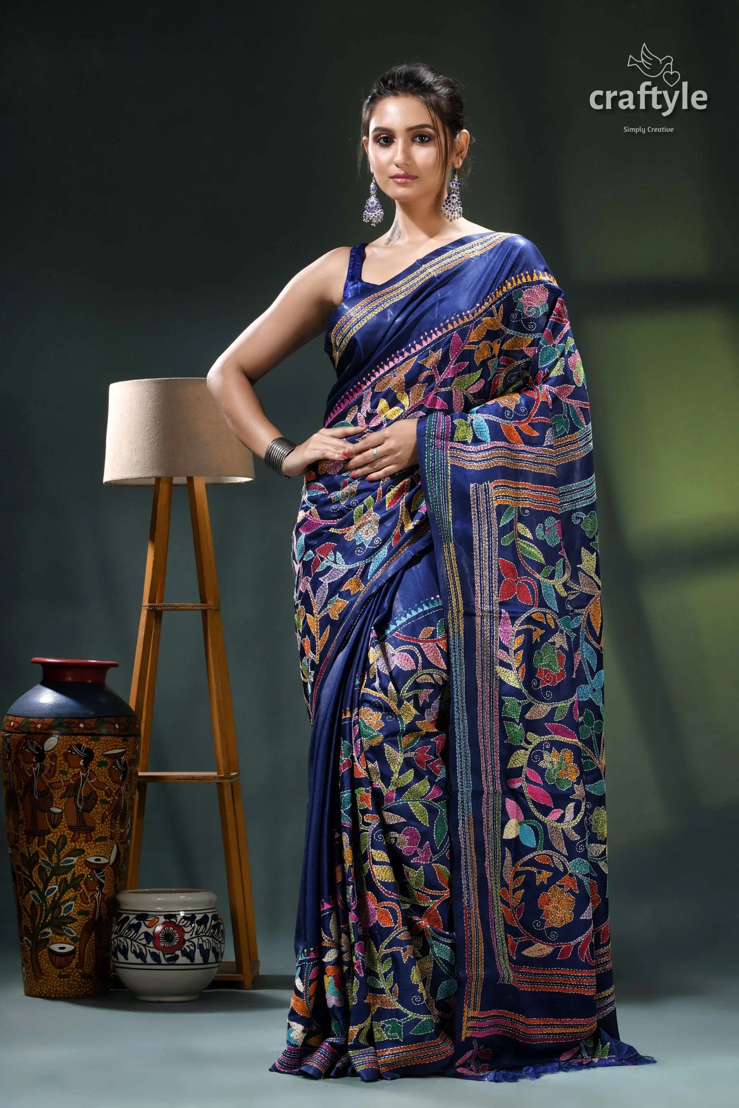 Cataline blue exquisite silk kantha stitch saree - rose motif blue black saree floral design 1