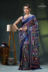 Cataline blue exquisite silk kantha stitch saree - rose motif blue black saree floral design 1