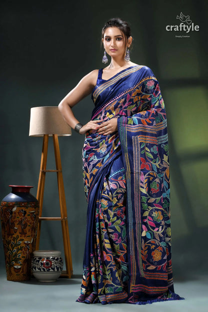 Cataline blue exquisite silk kantha stitch saree - rose motif blue black saree floral design 1