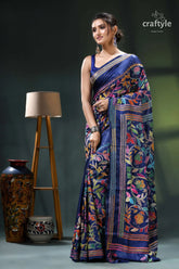 Cataline blue exquisite silk kantha stitch saree - rose motif blue black saree floral pattern 3