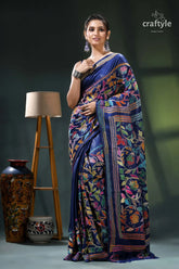 Cataline blue exquisite silk kantha stitch saree - rose motif blue black floral saree intricate 6