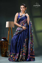 Cataline blue exquisite silk kantha stitch saree - rose motif navy blue saree floral design 4