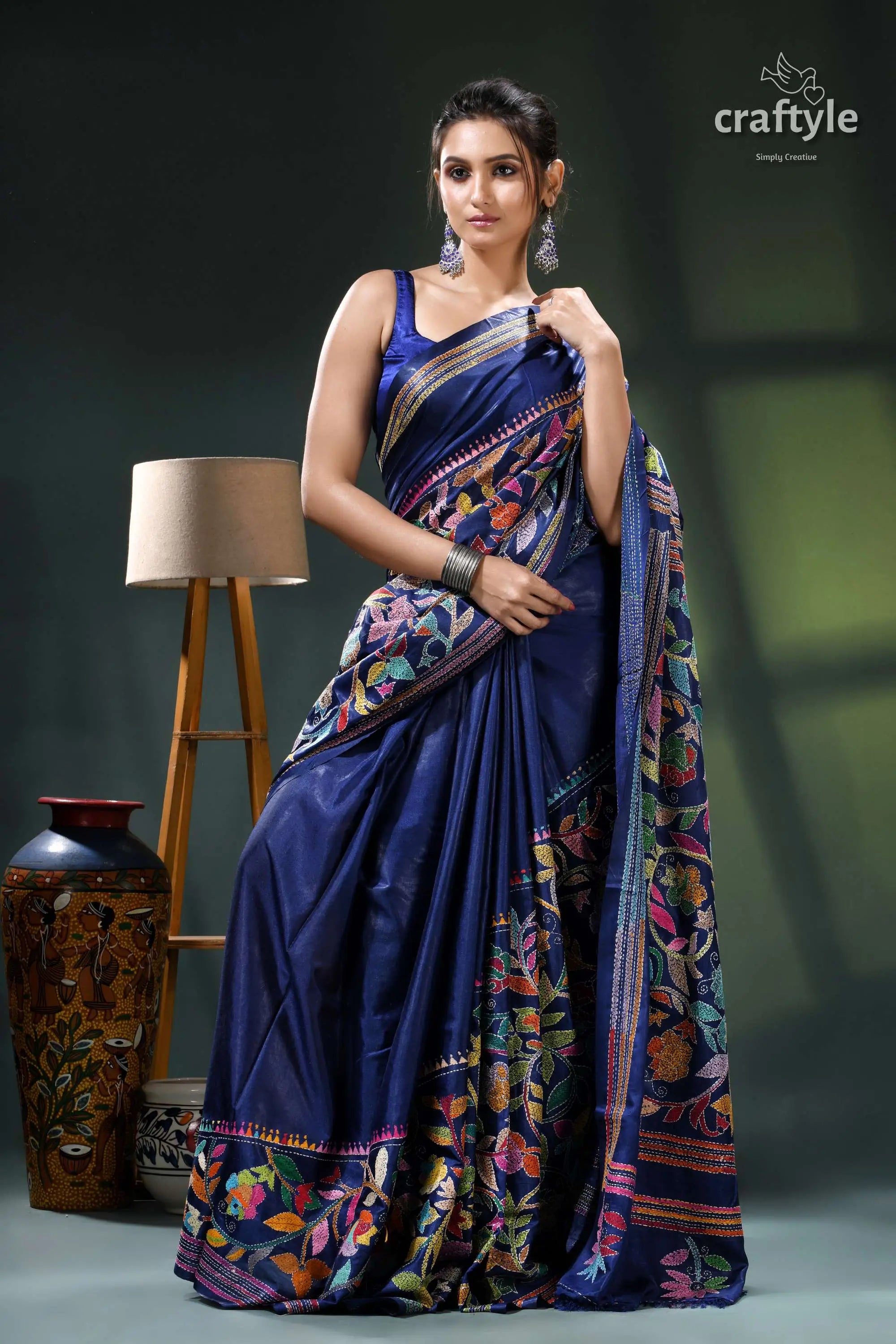 Cataline blue exquisite silk kantha stitch saree - rose motif navy blue saree floral design 4