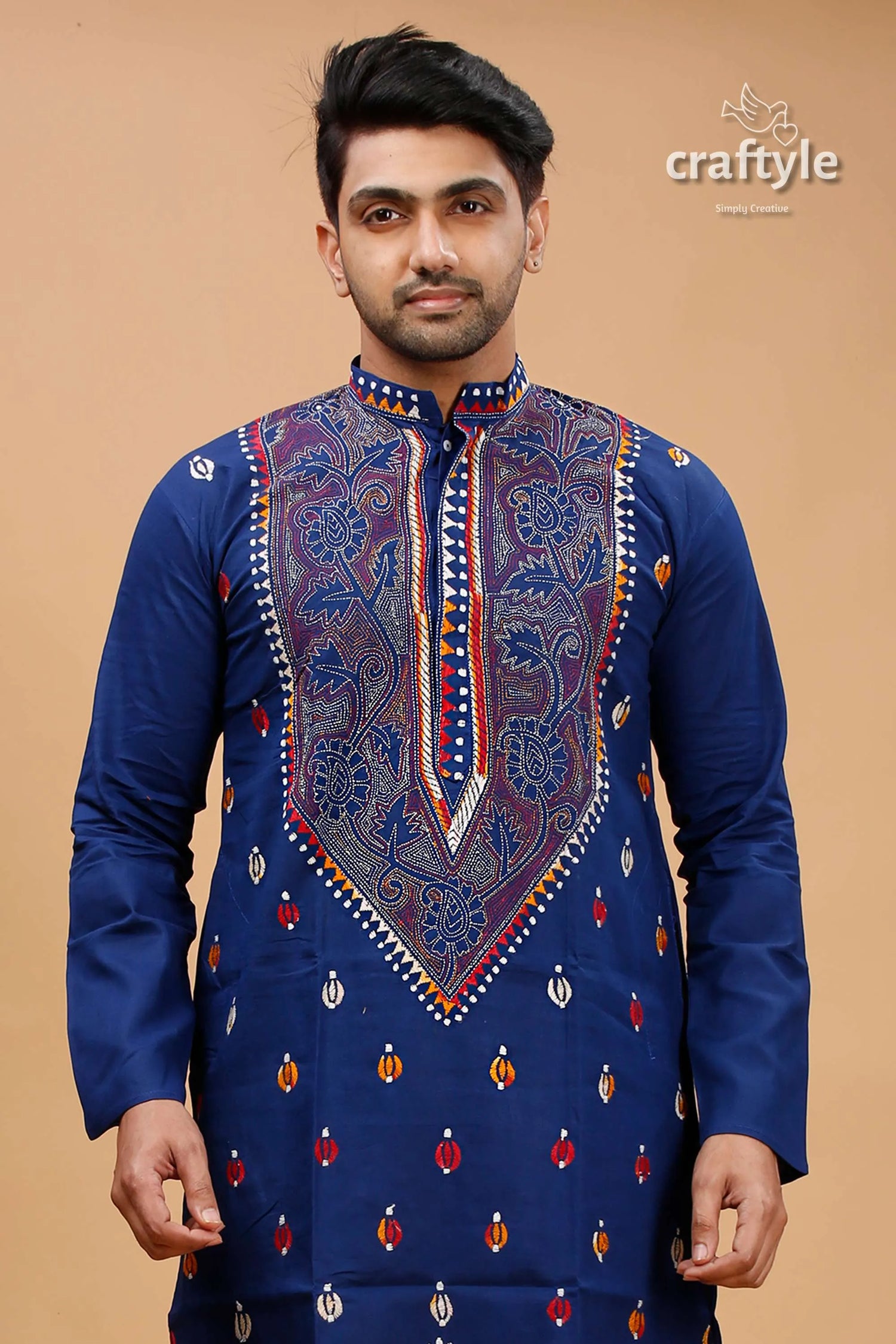 Cataline blue multithread kantha stitch cotton kurta for men deep embroidered intricate 2