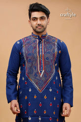 Cataline blue multithread kantha stitch cotton kurta for men deep embroidered intricate 2