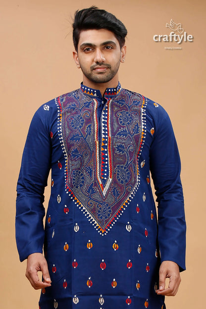 Cataline blue multithread kantha stitch cotton kurta for men deep embroidered intricate 2