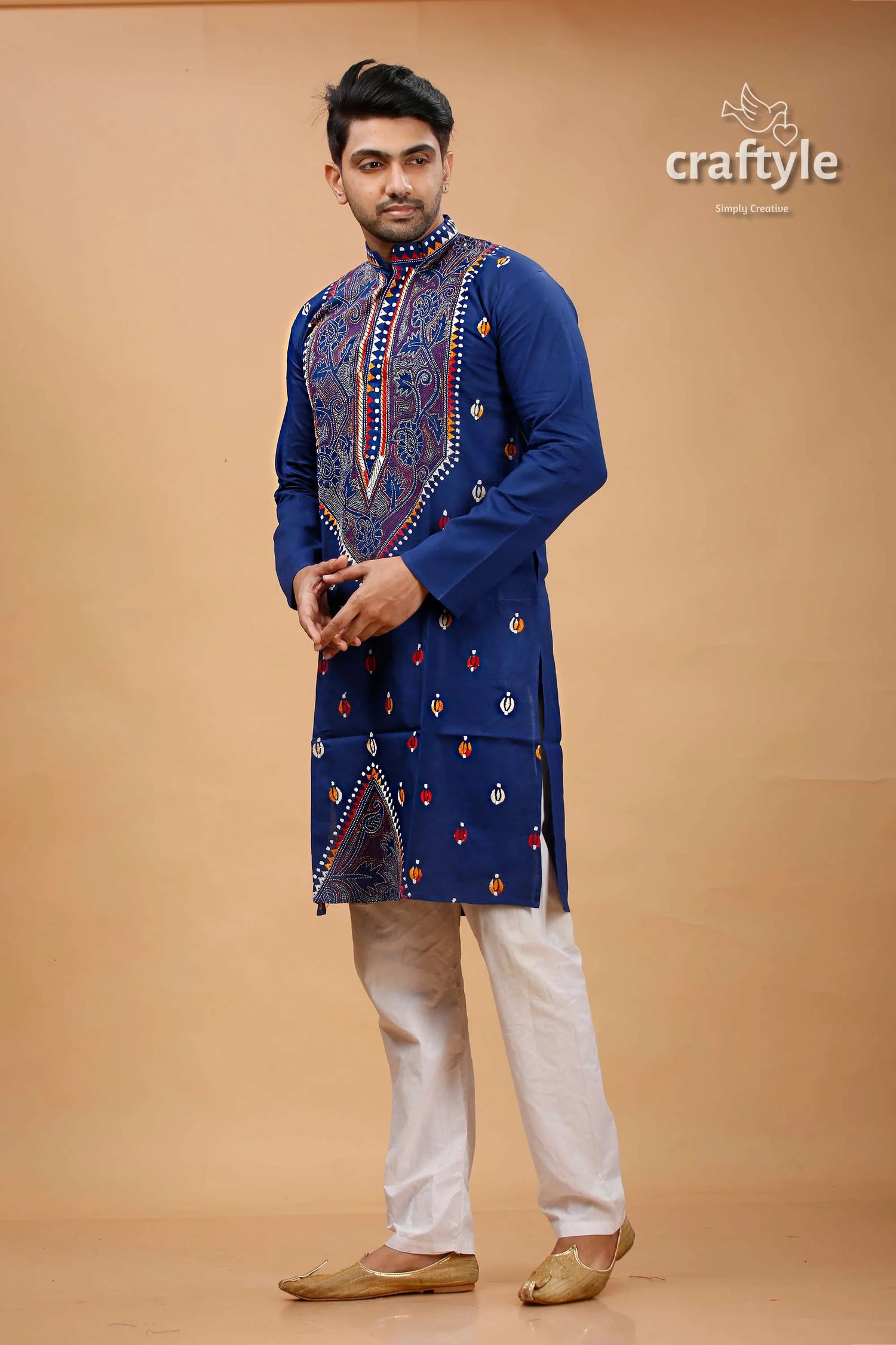 Cataline blue multithread kantha stitch cotton kurta for men navy embroidered intricate 3
