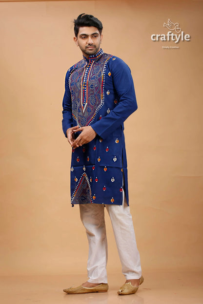 Cataline blue multithread kantha stitch cotton kurta for men navy embroidered intricate 3