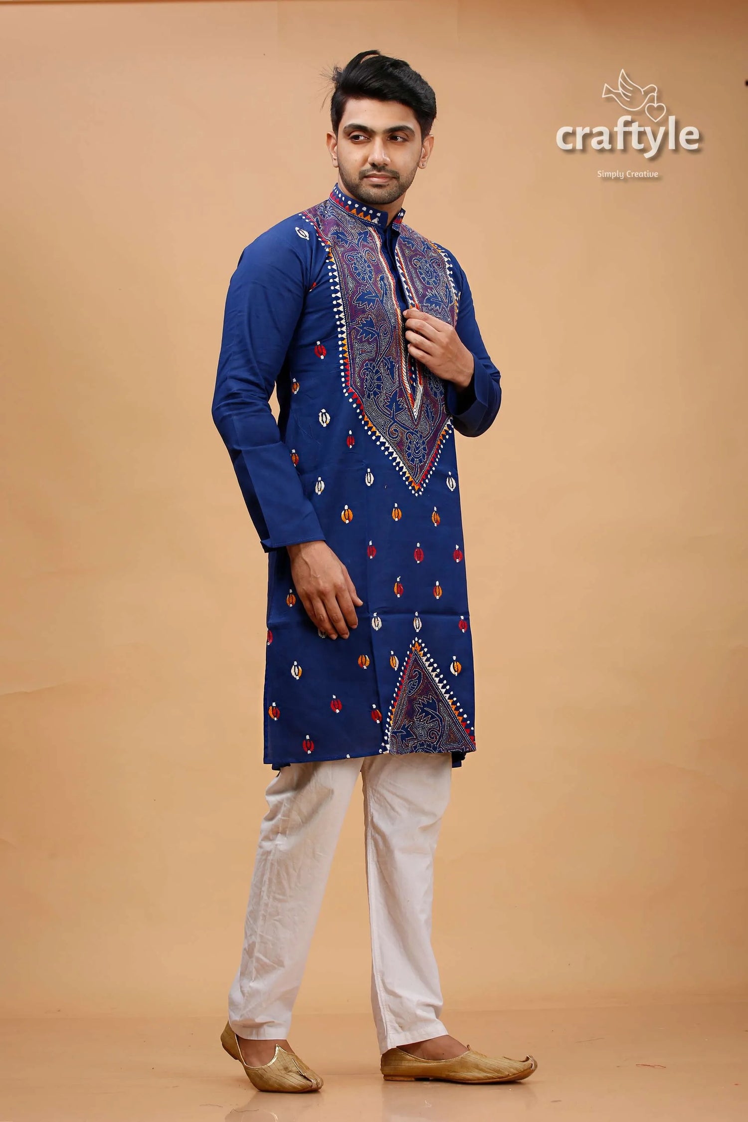Cataline blue multithread kantha stitch cotton kurta for men embroidered intricate paisley 4