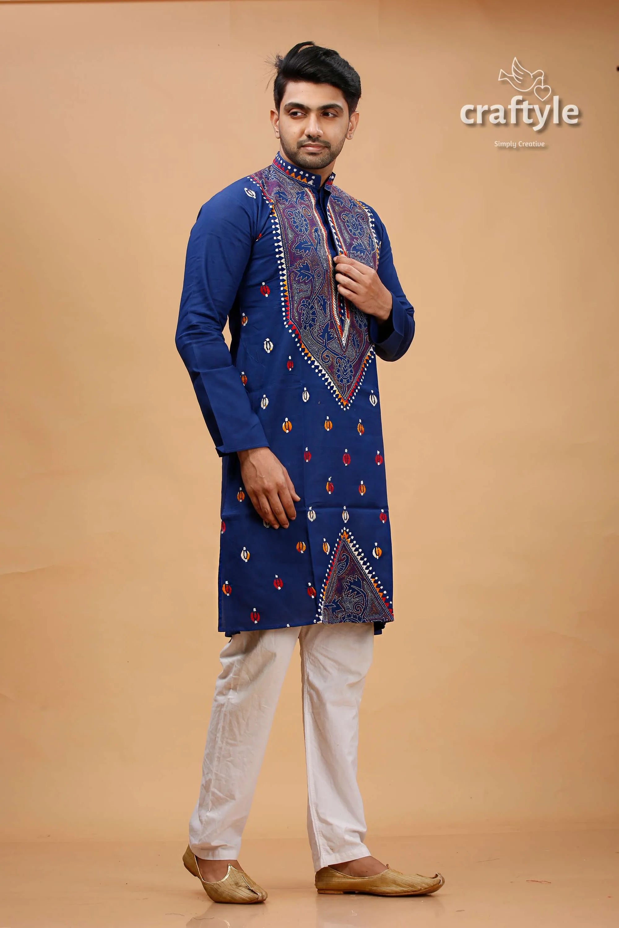Cataline blue multithread kantha stitch cotton kurta for men embroidered intricate paisley 4