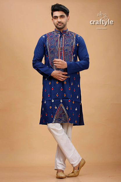 Cataline blue multithread kantha stitch cotton kurta for men man navy embroidered 1