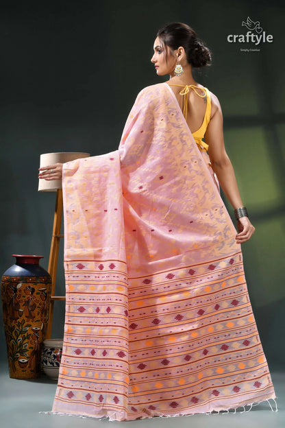 Cavern pink bengal handloom cotton jamdani saree peach orange handwoven saree intricate 5