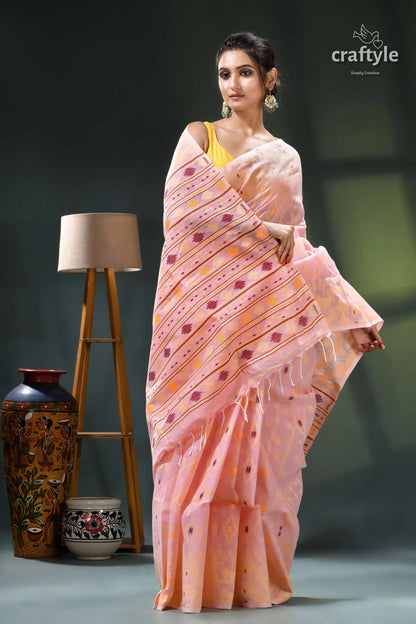 Cavern pink bengal handloom cotton jamdani saree peach white handwoven saree intricate 4