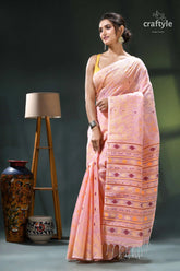 Cavern pink bengal handloom cotton jamdani saree peach-colored saree intricate geometric patterns 3