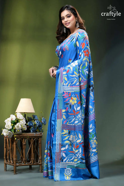 Celestial blue floral design hand embroidered kantha silk saree vibrant blue silk saree adorned 3