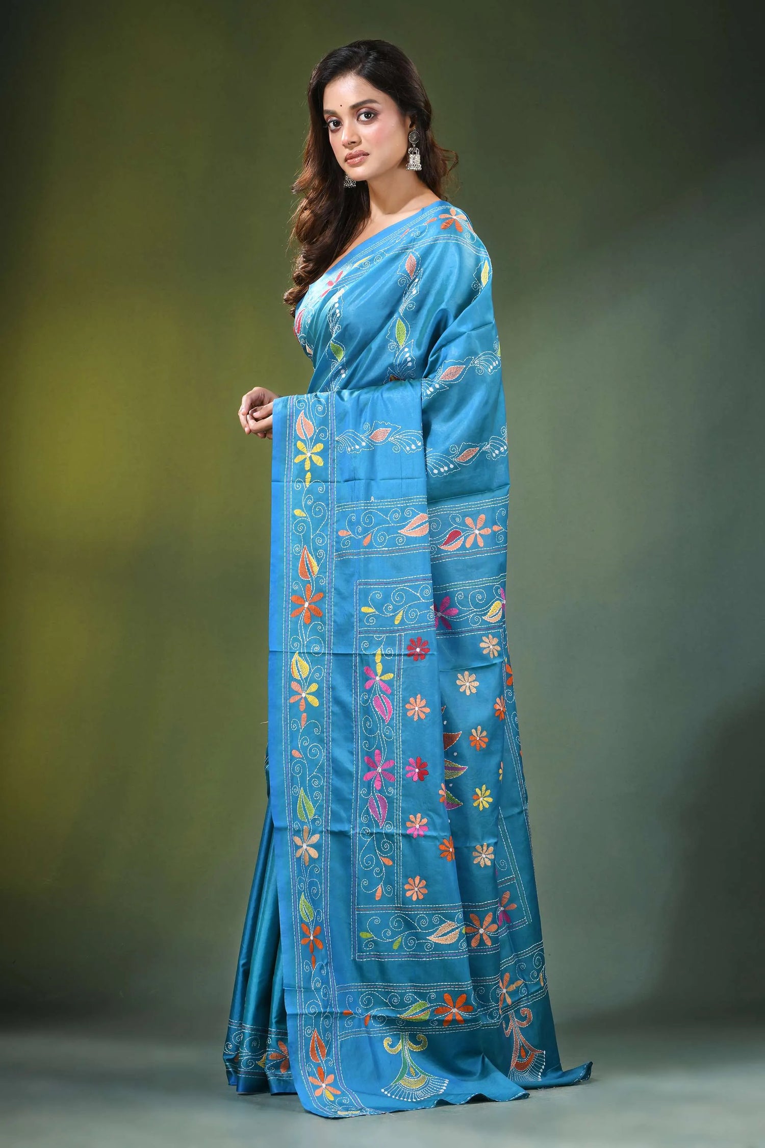 Celestial blue hand embroidered mandala motif silk kantha stitch saree vibrant adorned 3