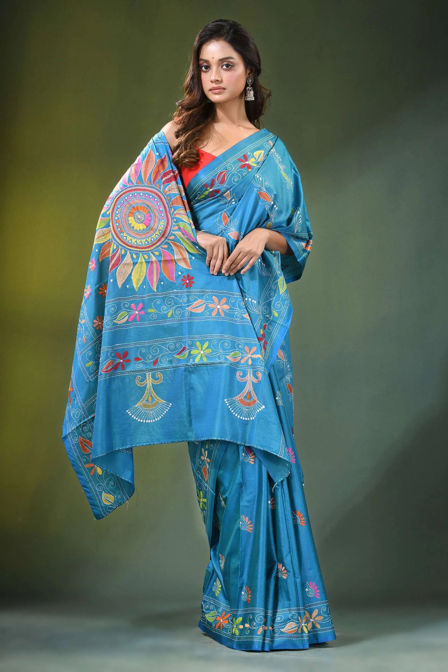 Celestial blue hand embroidered mandala motif silk kantha stitch saree vibrant adorned 4