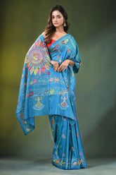 Celestial blue hand embroidered mandala motif silk kantha stitch saree vibrant adorned 4