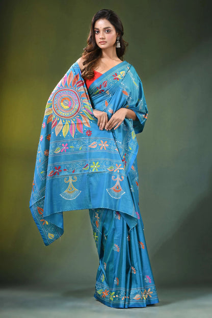 Celestial blue hand embroidered mandala motif silk kantha stitch saree vibrant adorned 4