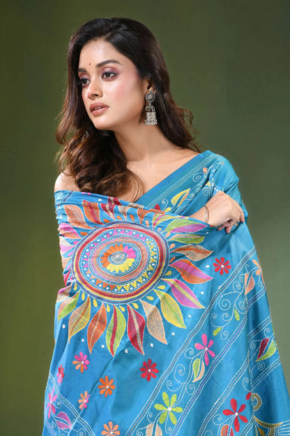 Celestial blue hand embroidered mandala motif silk kantha stitch saree vibrant adorned intricate 2