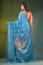 Celestial blue hand embroidered mandala motif silk kantha stitch saree vibrant adorned 5