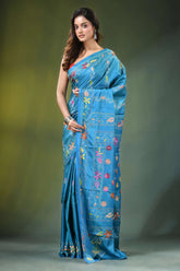 Celestial blue hand embroidered mandala motif silk kantha stitch saree vibrant adorned 6