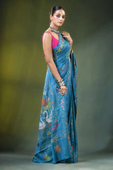 Celestial blue handmade swan embroidery kantha silk saree woman wears vibrant 4