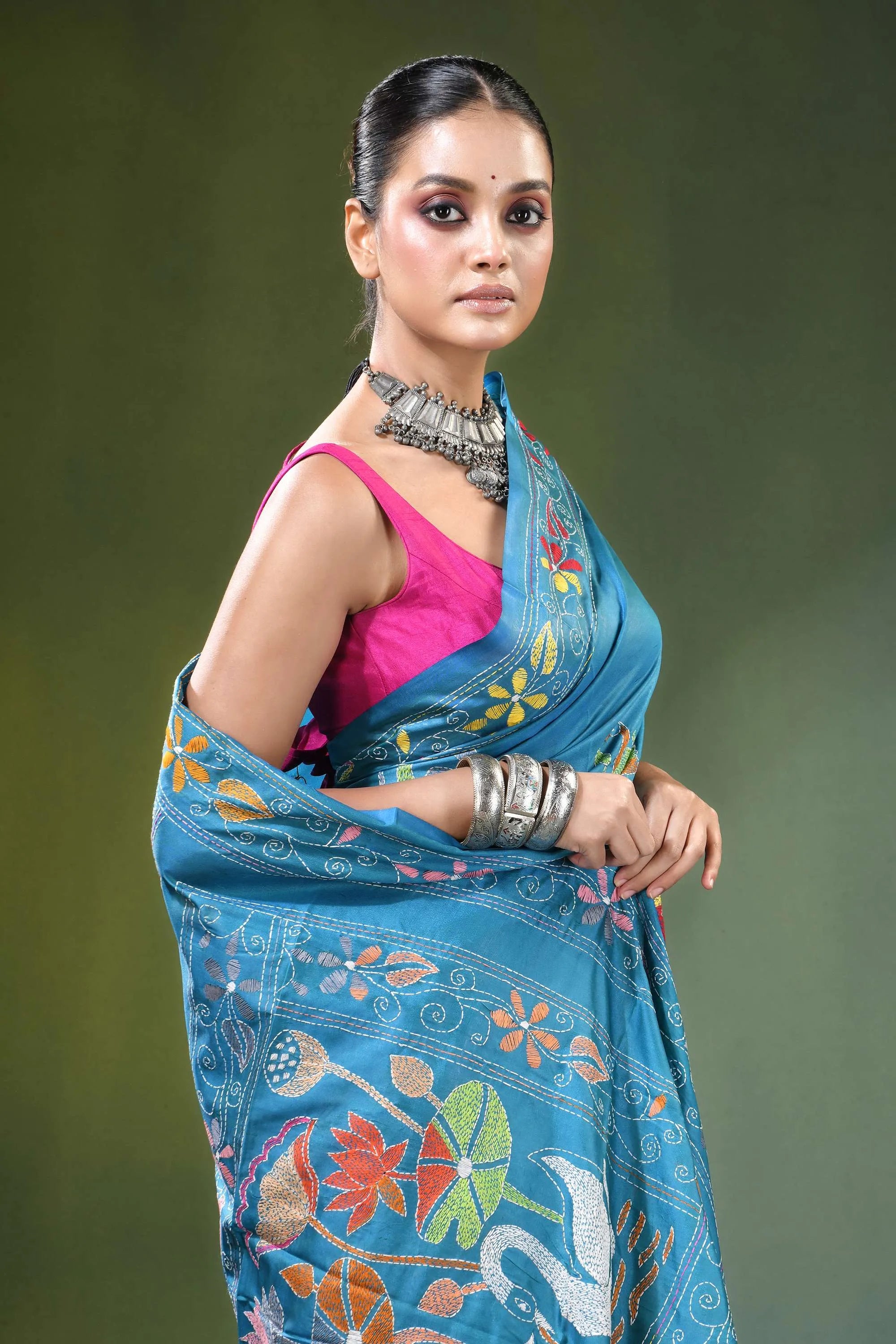 Celestial blue handmade swan embroidery kantha silk saree vibrant turquoise adorned 2