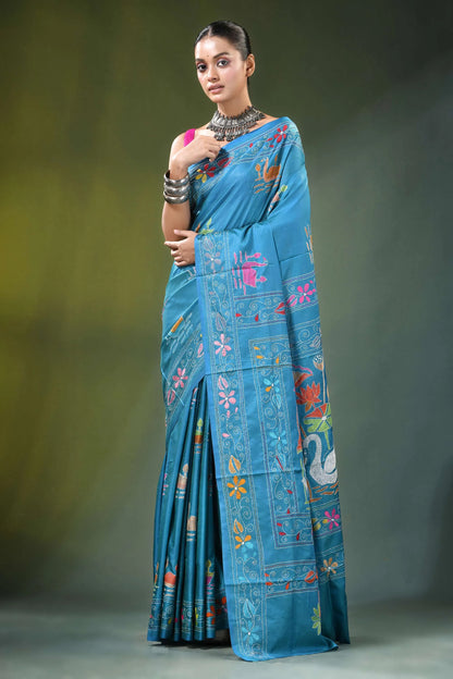 Celestial blue handmade swan embroidery kantha silk saree vibrant turquoise adorned 6