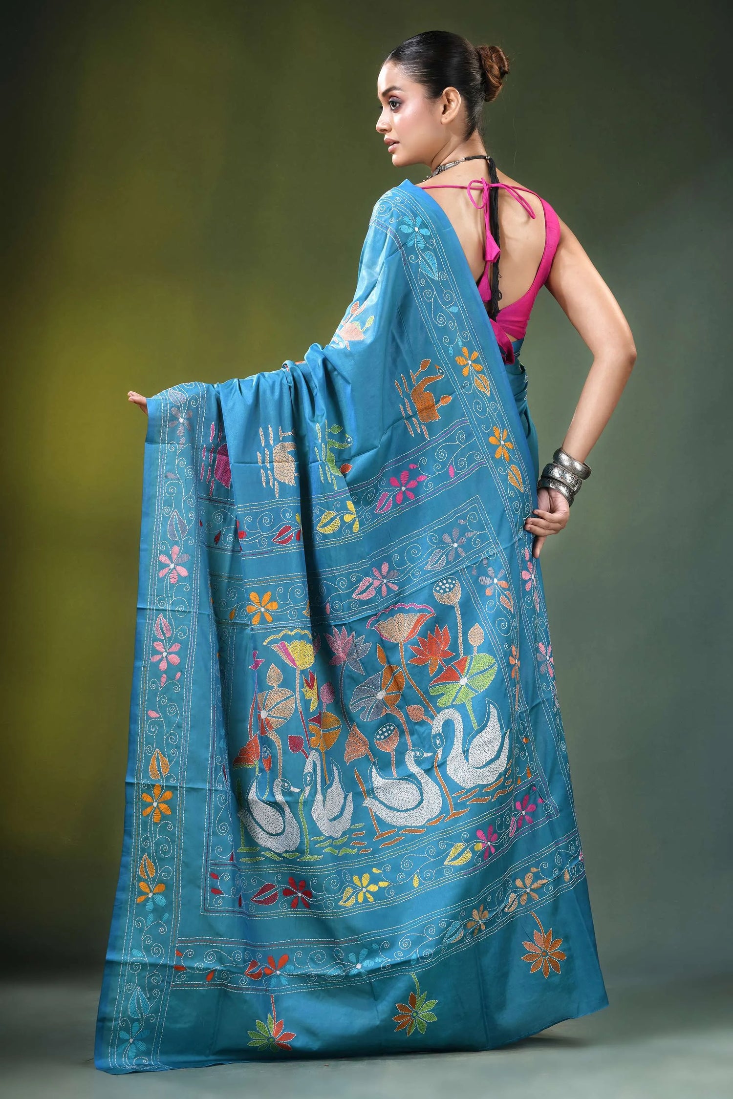 Celestial blue handmade swan embroidery kantha silk saree vibrant turquoise adorned 5